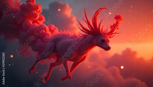 Mystical Pink Creature with Vibrant Antlers Leaping Through Dreamlike Clouds at Sunset in a Fantasy Realm