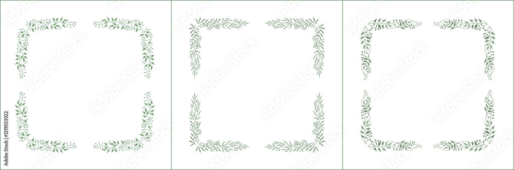 Set of three elegant green vegetal ornamental frame with leaves, decorative border. Isolated vector illustration Set of three elegant green vegetal ornamental frame with leaves, decorative border. Isolated vector illustration