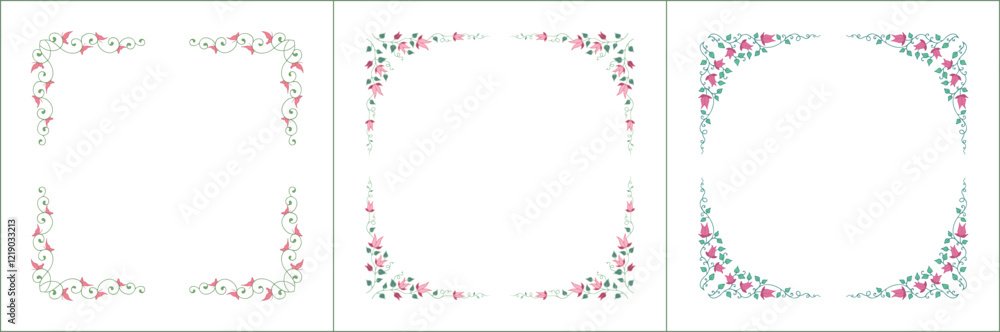 Set of three elegant green vegetal ornamental frame with pink flowers, decorative border. Isolated vector illustration Set of three elegant green vegetal ornamental frame with pink flowers, decorative border. Isolated vector illustration