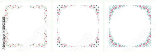 Set of three elegant green vegetal ornamental frame with pink flowers, decorative border. Isolated vector illustration