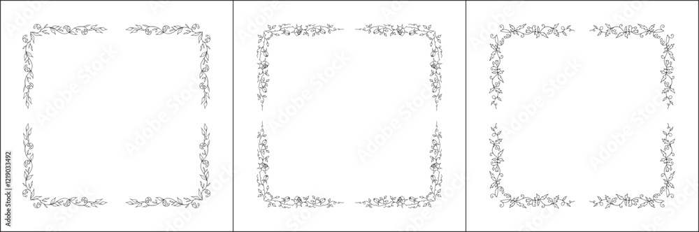 Set of three vector decorative frames, vegetal ornamental frame with flowers, decorative border, corners, black and white. Isolated vector illustration. Set of three vector decorative frames, vegetal ornamental frame with flowers, decorative border, corners, black and white. Isolated vector illustration.