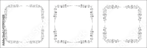Set of three vector decorative frames, vegetal ornamental frame with rose flowers, decorative border, corners, black and white. Isolated vector illustration.