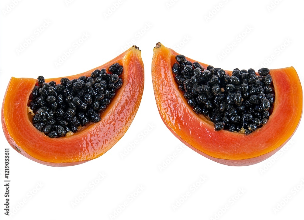 Papaya cut in half, isolated on a white background with a clipping path. Papaya cut in half, isolated on a white background with a clipping path.