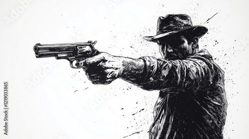 A cowboy pointing his gun, a simple ink drawin photo