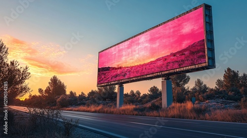 Large digital billboard displaying an advertisement against a colorful sunset sky on a highway.

