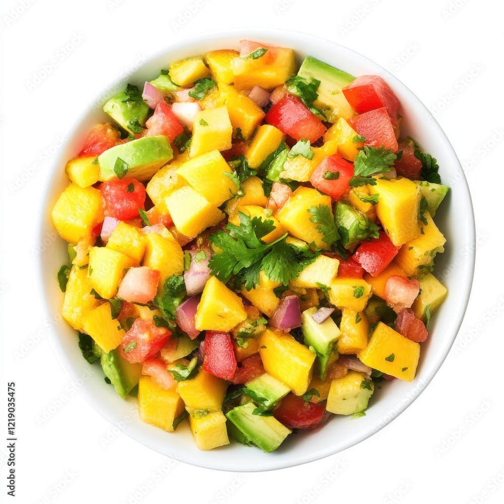 A fresh mango and avocado salsa, isolated white background, minimalist art style A fresh mango and avocado salsa, isolated white background, minimalist art style