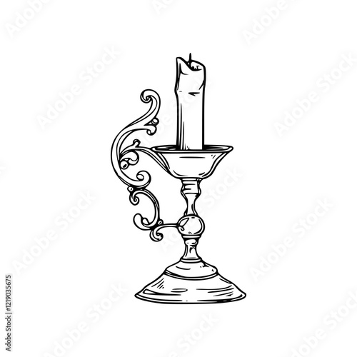 a black and white drawing of a vintage candlestick with candles