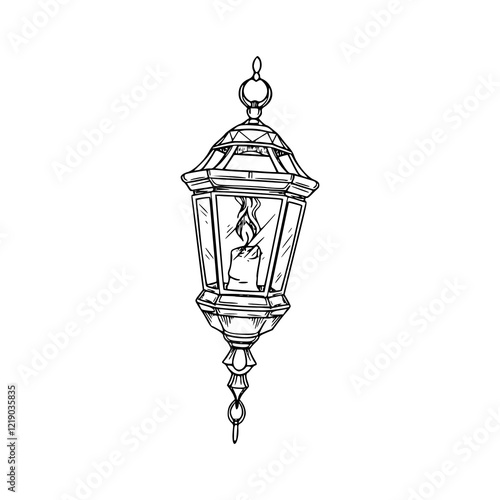 a black and white drawing of a vintage lantern with candle illustration