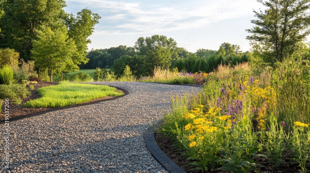 Charming crushed stone driveway meandering through a serene meadow adorned with vibrant wildflowers Charming crushed stone driveway meandering through a serene meadow adorned with vibrant wildflowers