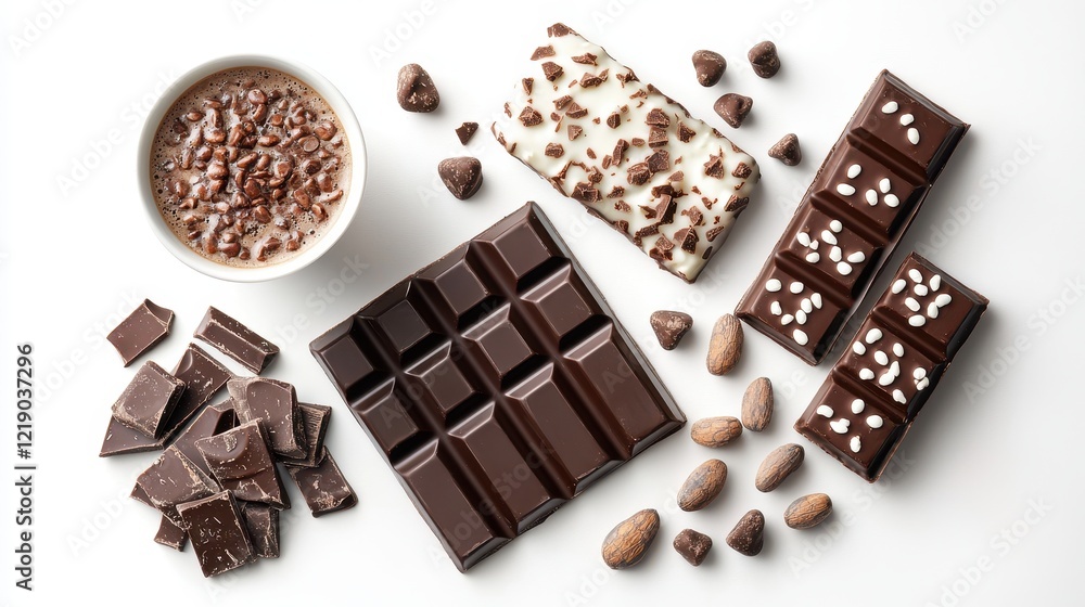 A set of gourmet chocolate bars and a cup of hot cocoa on a white isolated background A set of gourmet chocolate bars and a cup of hot cocoa on a white isolated background