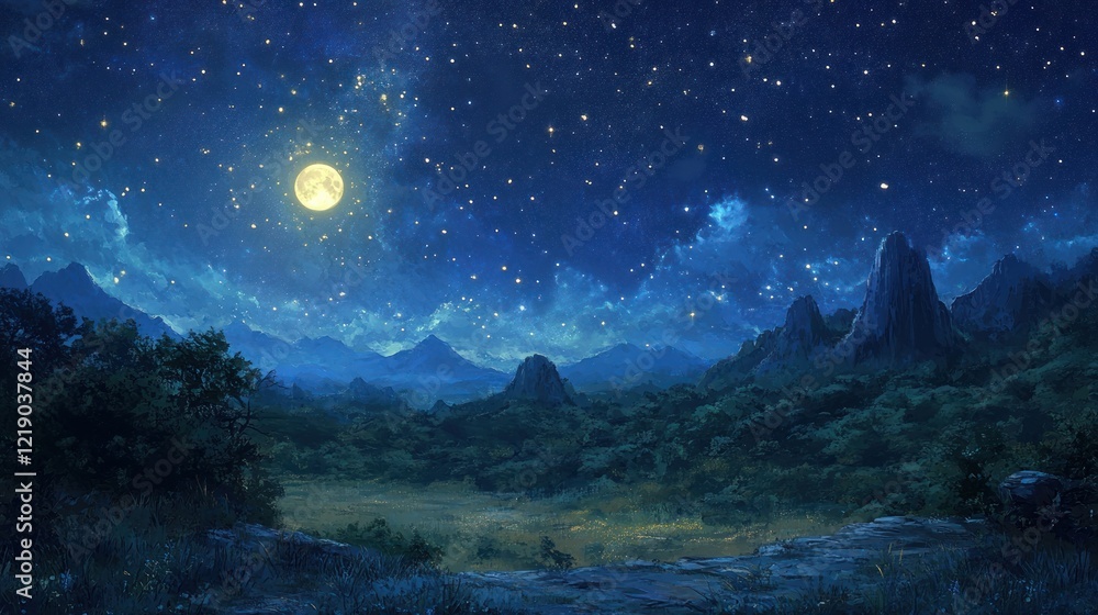 Enchanted Night: Majestic Moonlit Mountain Landscape Enchanted Night: Majestic Moonlit Mountain Landscape