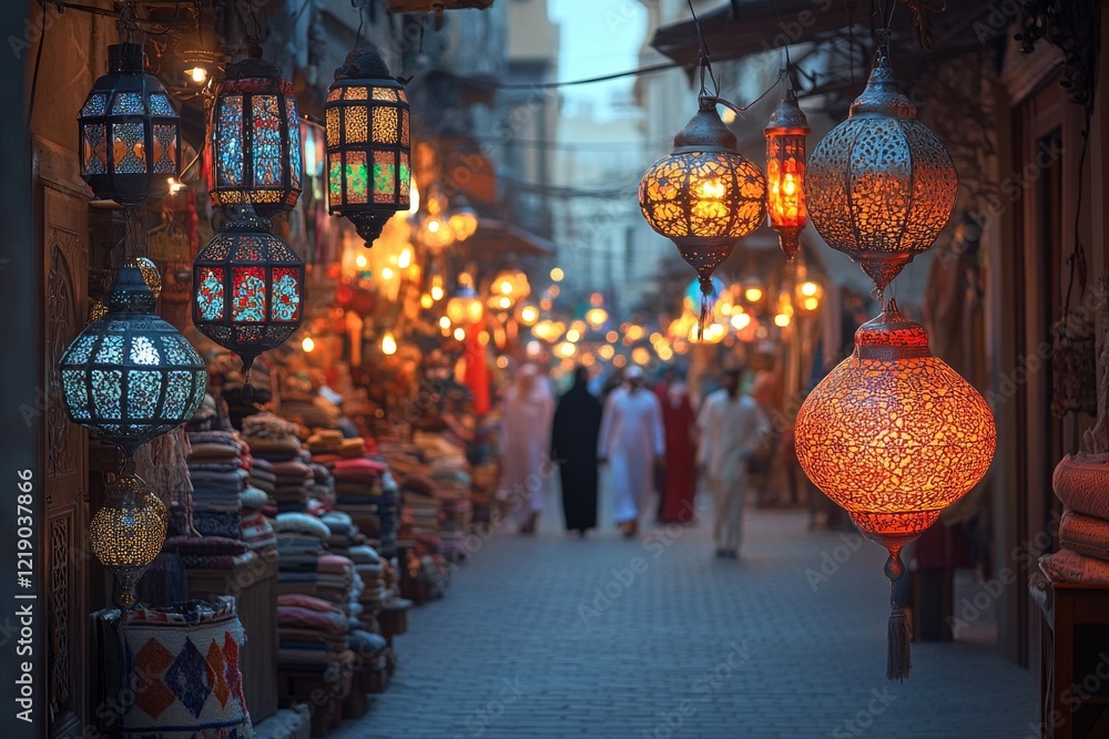 A vibrant outdoor market scene during Ramadan, featuring ornate lanterns and colorful textiles lining the cobblestone path A vibrant outdoor market scene during Ramadan, featuring ornate lanterns and colorful textiles lining the cobblestone path