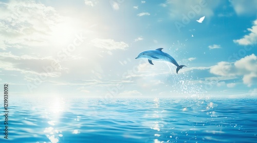 A playful dolphin leaps out of the clear blue ocean, sunlight reflecting off the water and creating sparkling trails of light, with the distant coastline bathed in warm golden sunlight.