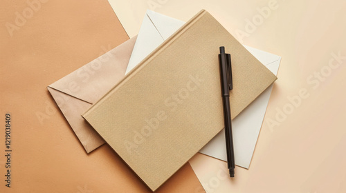 Light fawn gradient notebook with dark brown markers, envelopes on a sepia background, minimalist flat lay. 40k, full ultra hd, high resolution. photo