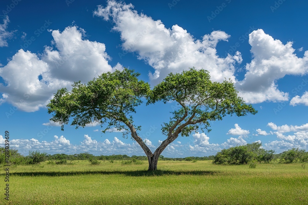 Heart-Shaped Tree in a Lush Savanna Under a Sunny Sky Heart-Shaped Tree in a Lush Savanna Under a Sunny Sky