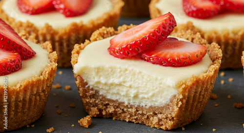 Keto Cheesecake Bites
Mini cheesecakes with almond crusts and a creamy vanilla filling, garnished with strawberries.

