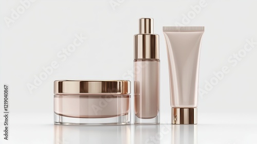 A set of luxury skincare products including cream, serum, and face masks on a white isolated background