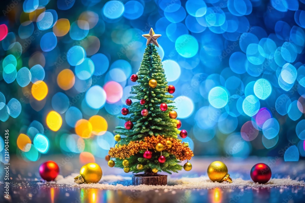 Obraz premium Miniature Abstract Christmas Tree on Blue, Festive Holiday Background, Tilt-Shift Photography