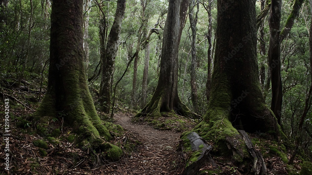Mossy forest trail, temperate rainforest, lush vegetation, background blur, nature travel Mossy forest trail, temperate rainforest, lush vegetation, background blur, nature travel