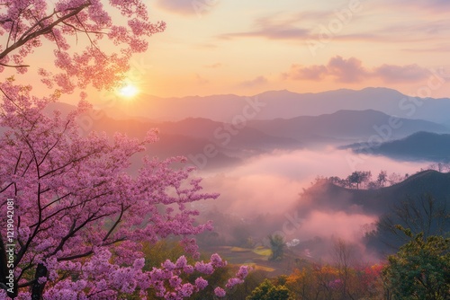 Serene Sunrise Over Misty Mountain Valley with Cherry Blossoms