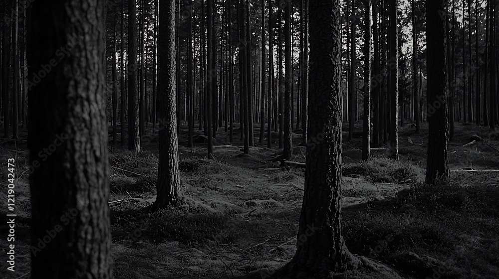 Fototapeta premium Monochrome forest path; trees, shadows, nature scene; background for tranquility, meditation, or fantasy