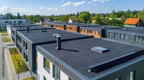 New row houses with flat roofs of epdm, Camera view obliquely from above, sunny summer day. photo