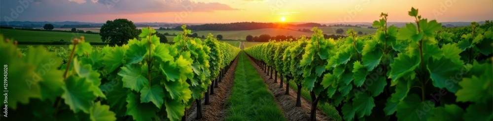 Naklejka premium Green vineyard with rows of grapevines at dusk, green vineyard, dusk