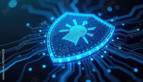 Visual Representation of Digital Cybersecurity Shield in Blue Circuitry Network Illustrating Advanced Data Protection Technologies in Modern Systems