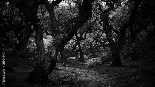 Dark, twisted trees in a dense forest; mysterious path; moody atmosphere; ideal for fantasy or horror