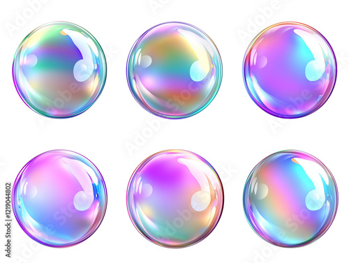 Iridescent Soap Bubbles with Colorful Shiny Sphere Reflection, Abstract Texture and Rainbow Glare, Glossy Bubbles Background Design, Isolated on Transparent Background, Ai Generated Images photo