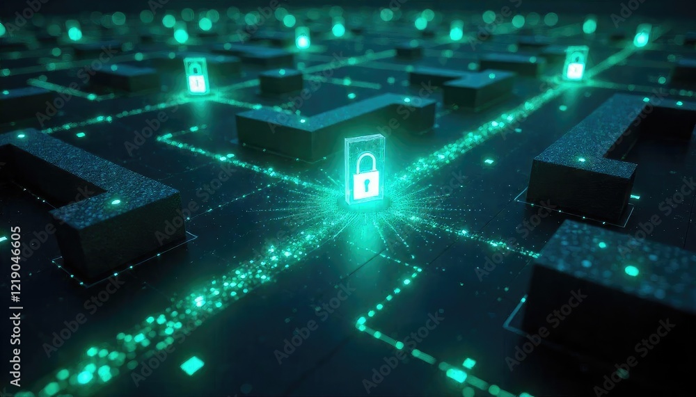 Obraz premium Innovative Cybersecurity Network Visualization with Futuristic Encryption Lock and Digital Grid Technology
