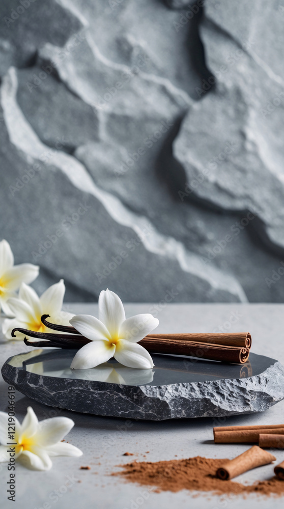 Fototapeta premium Refreshing Spa Commercial Banner with Cinnamon Roll Grey Marble and Vanilla Flower for a Rejuvenating Wellness Display Beauty Poster Mockup