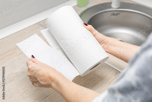 woman's hand ripping off paper towel in kitchen. housewife uses paper towel. roll of paper towel in the kitchen. kitchen cleaning