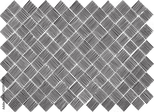 Monochrome texture composed of irregular graphic elements. Linear uneven grunge background. Abstract vector illustration. Overlay for interesting effect and depth. Isolated on white background.
