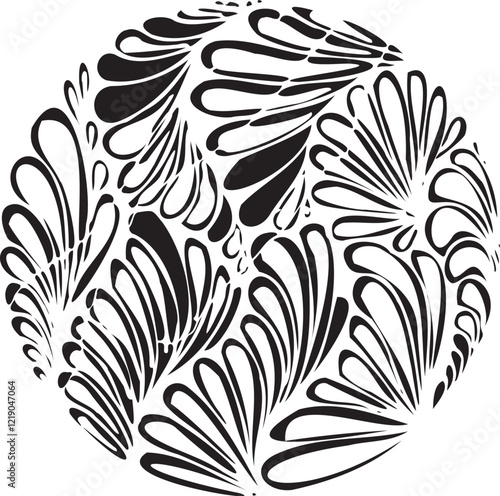Black and white circular floral pattern. Monochrome texture composed of irregular graphic elements. Abstract vector illustration.