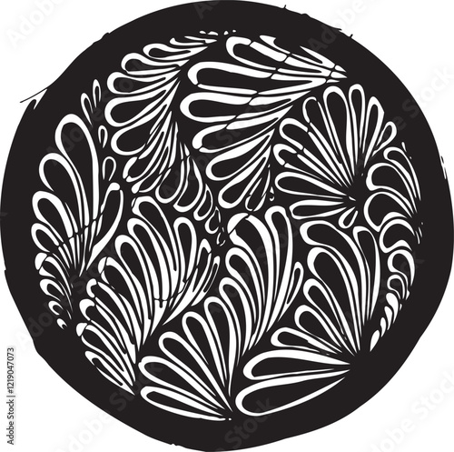 Black and white circular floral pattern. Monochrome texture composed of irregular graphic elements. Abstract vector illustration.