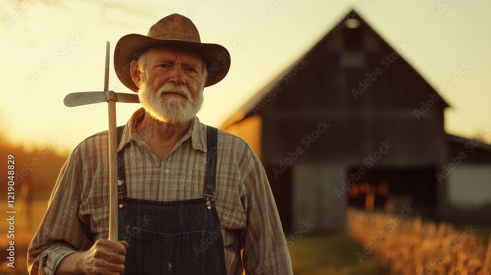 Senior Farmer in Overalls Holding Pitchfork During Golden Hour with Barn in Background Senior Farmer in Overalls Holding Pitchfork During Golden Hour with Barn in Background