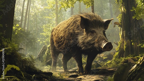 A majestic wild boar traversing through a lush green forest, surrounded by vibrant flora and towering trees, embodying the essence of untamed nature and wildlife in its natural hab photo