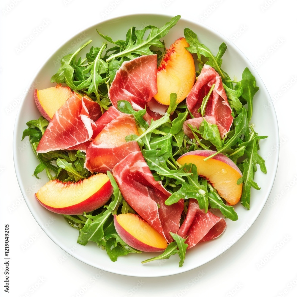 A fresh peach and prosciutto salad with arugula and honey vinaigrette, isolated white background, traditional art style A fresh peach and prosciutto salad with arugula and honey vinaigrette, isolated white background, traditional art style