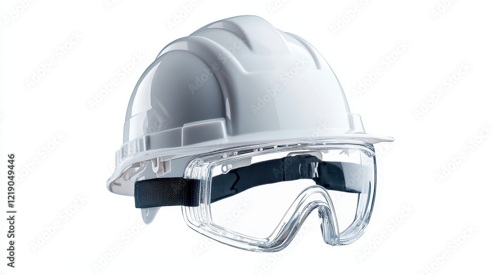 Naklejka premium A close-up of a hard hat and safety goggles on a white isolated background