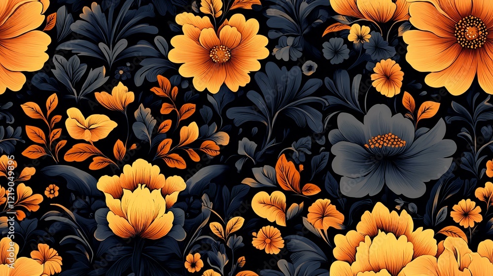 Fototapeta premium Dark floral pattern, autumnal hues, seamless repeat design, textile print