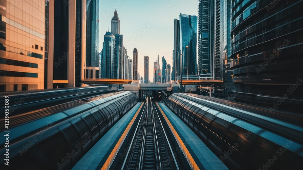 Fototapeta premium Dubai Metro at Dawn: A Glimpse of Urban Transit and Modern Architecture