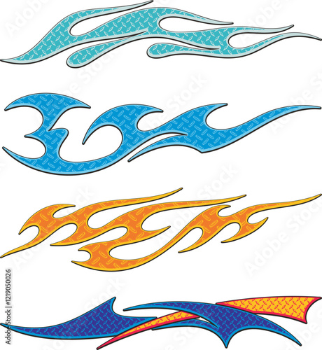 Vector colorful textured flames for vehicle vinyl decals and wraps. Ready-to-cut graphics for racing cars, off-road and sport vehicles, hot rod automobiles, ATVs, trucks, motors, bikes, T-shirts.