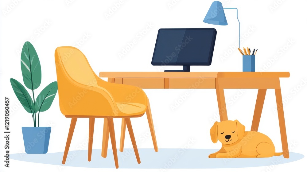 Fototapeta premium Cozy Home Office Workspace with Desk, Chair, and Adorable Dog