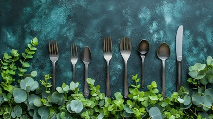 Dark grey cutlery set arranged on a teal background, bordered by eucalyptus leaves.