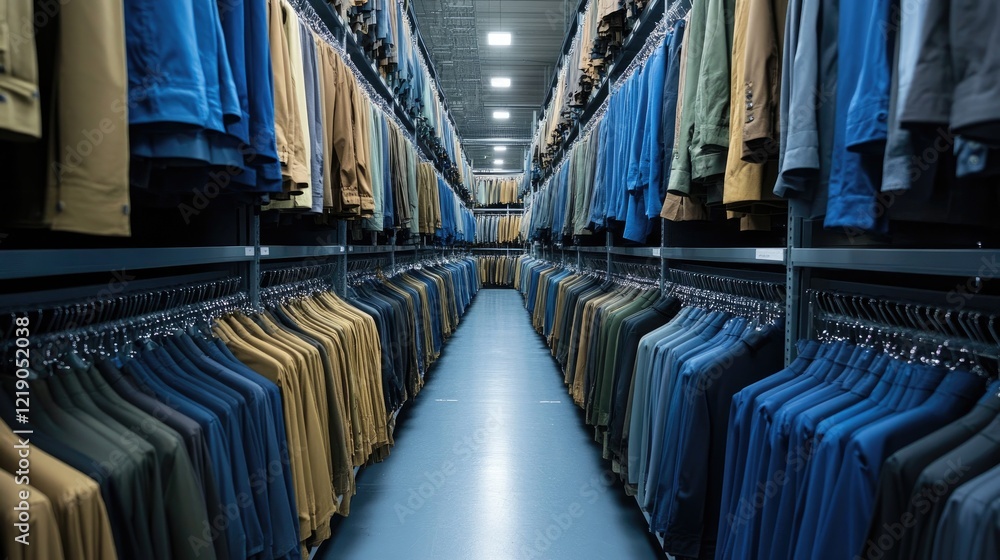 Fototapeta premium Rows of garments hanging in a factory storage room.