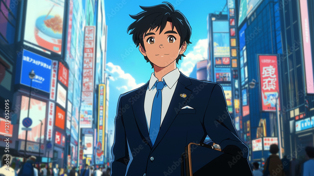 Fototapeta premium Young professional man in a navy-blue suit standing confidently on a vibrant neon-lit city street under a bright sky. Energetic urban scene blending modern design and nostalgic 1980s Japan-inspired ae