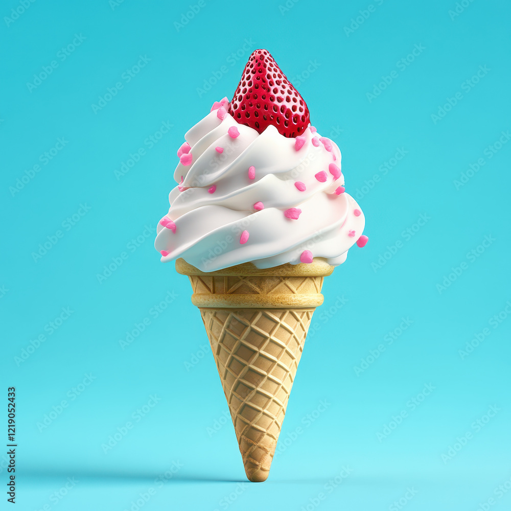 Delicious ice cream cone topped with strawberry and sprinkles against blue background Delicious ice cream cone topped with strawberry and sprinkles against blue background