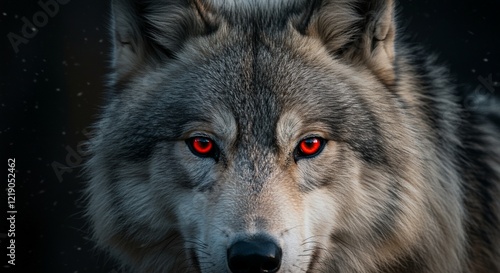 Intense Gray Wolf Portrait: Glowing Red Eyes, Dark Background