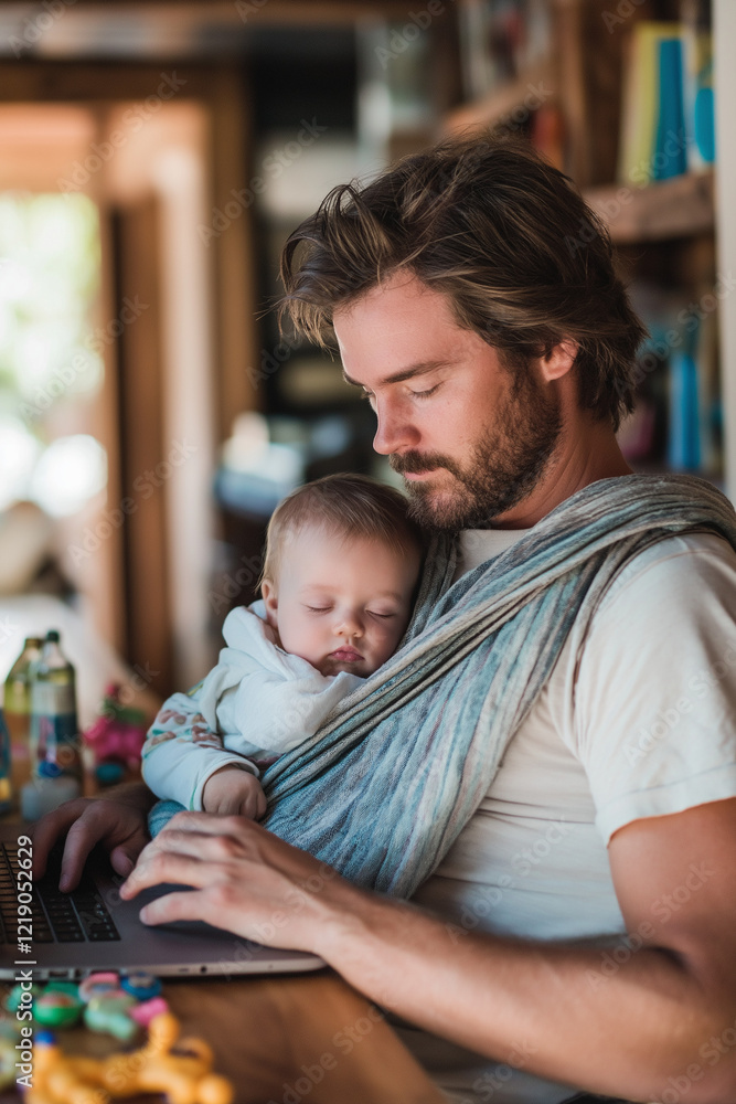 Obraz premium A cozy home scene where a father works remotely on his laptop with his baby sleeping in a sling, gently rocking while typing, surrounded by toys and bottles, balancing work and parenting Generative AI